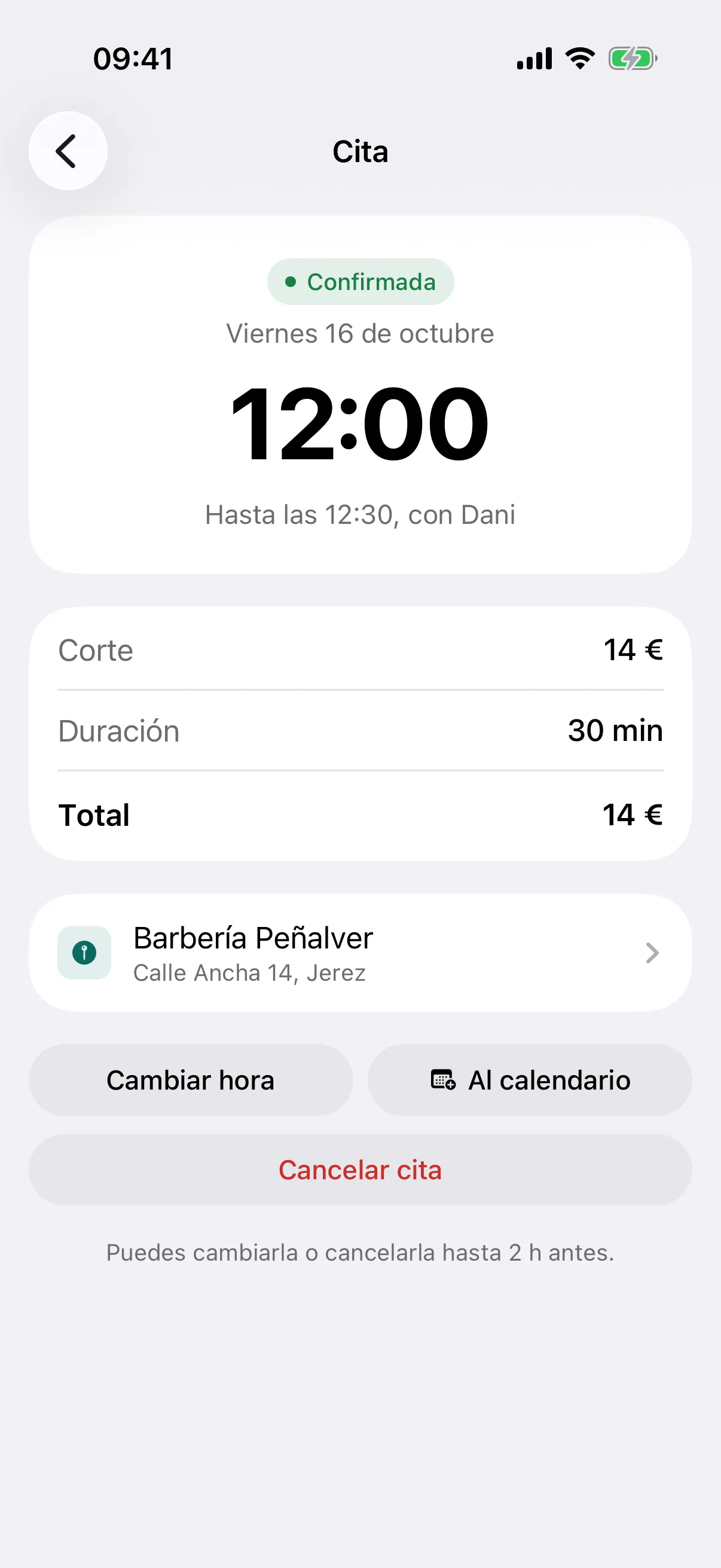 Detalle de una cita confirmada en la app del cliente